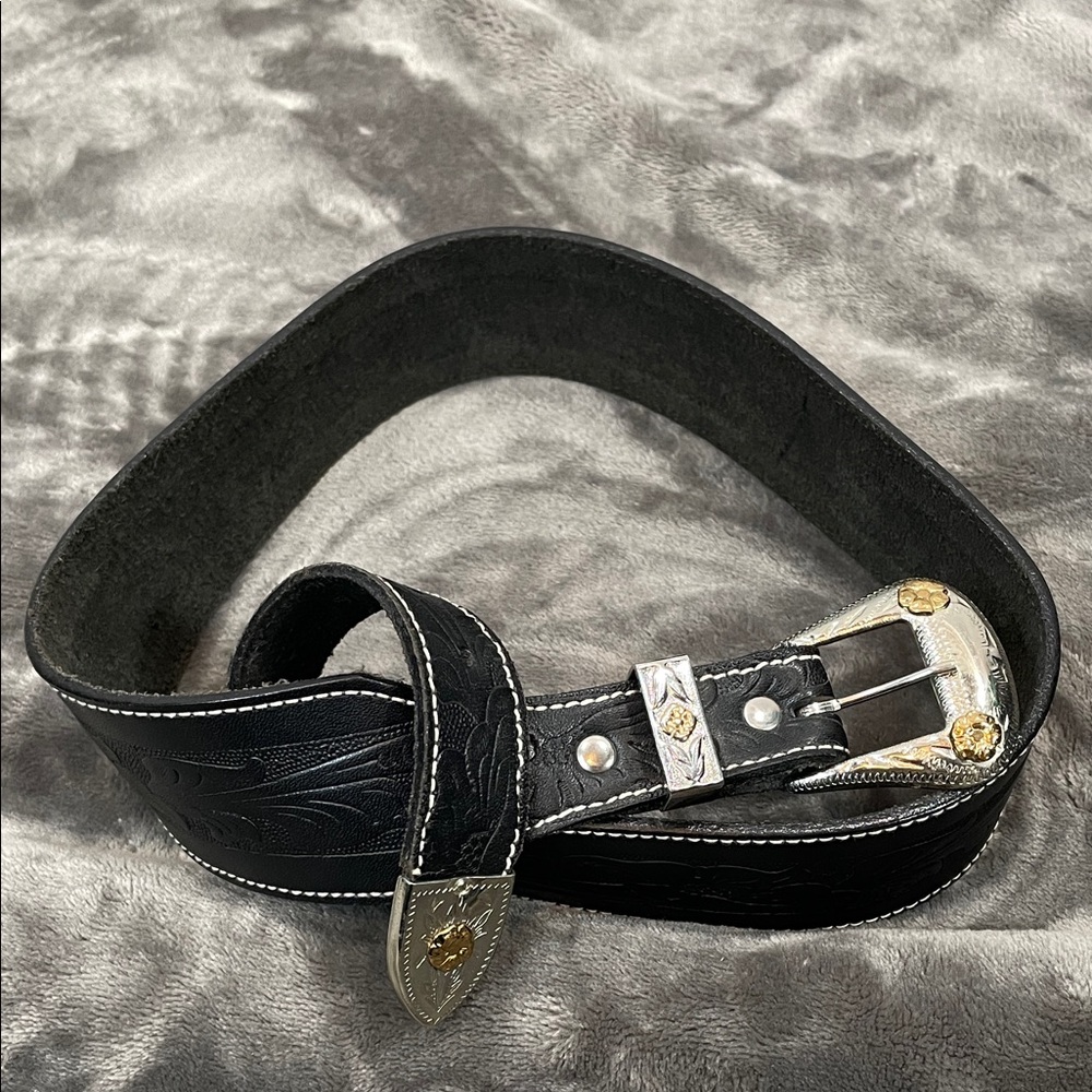 Black Leather Belt with Silver Buckle